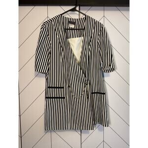 Tina Barrie Vintage Women Black White Striped Short Sleeve Button Blazer Shirt